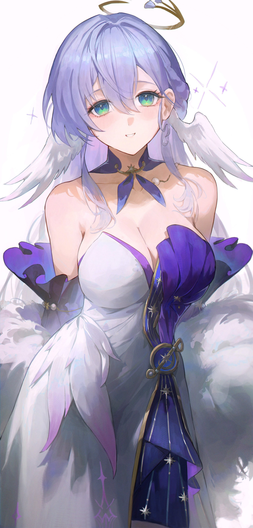 1girl absurdres aqua_eyes arms_behind_back bare_shoulders breasts cleavage commentary detached_sleeves dress feather_boa hair_between_eyes halo head_wings highres honkai:_star_rail honkai_(series) long_hair looking_at_viewer parted_lips purple_dress purple_hair robin_(honkai:_star_rail) short_sleeves simple_background smile standing symbol-only_commentary two-tone_dress white_background white_dress white_wings wings yonesdraws