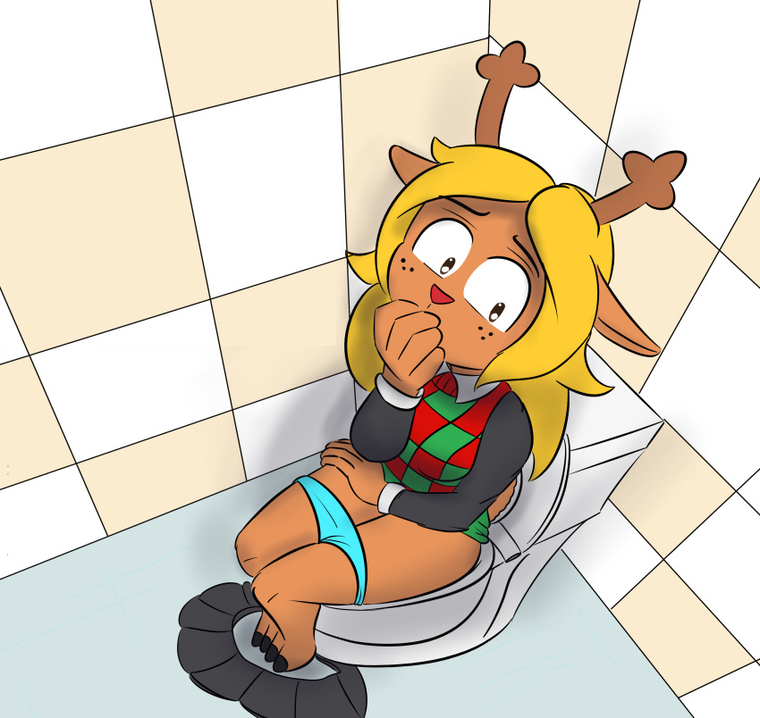 absurd_res anthro antlers bathroom blonde_hair bottomwear capreoline cervid christmas christmas_clothing christmas_sweater christmas_topwear clothed clothing deltarune digital_media_(artwork) female freckles hair hi_res holidays horn mammal nervous noelle_holiday notmypornaccount panties panties_around_thighs panties_down partially_clothed public_restroom reindeer restroom_stall sitting skirt skirt_down solo sweater toilet toilet_use topwear undertale_(series) underwear underwear_down video_games