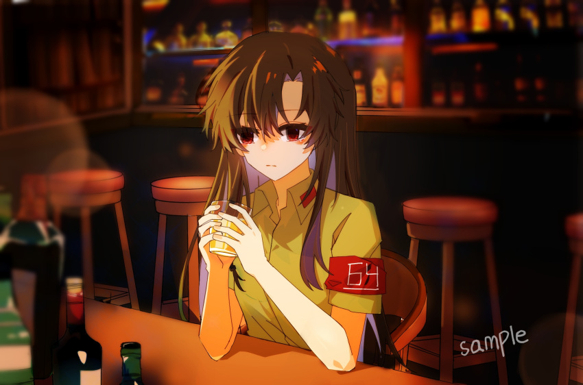 1girl alcohol armband bar_(place) black_hair closed_mouth collared_shirt girls'_frontline highres long_hair shirt short_sleeves sitting solo type_64_(girls'_frontline) upper_body yuyu_(gype5728)