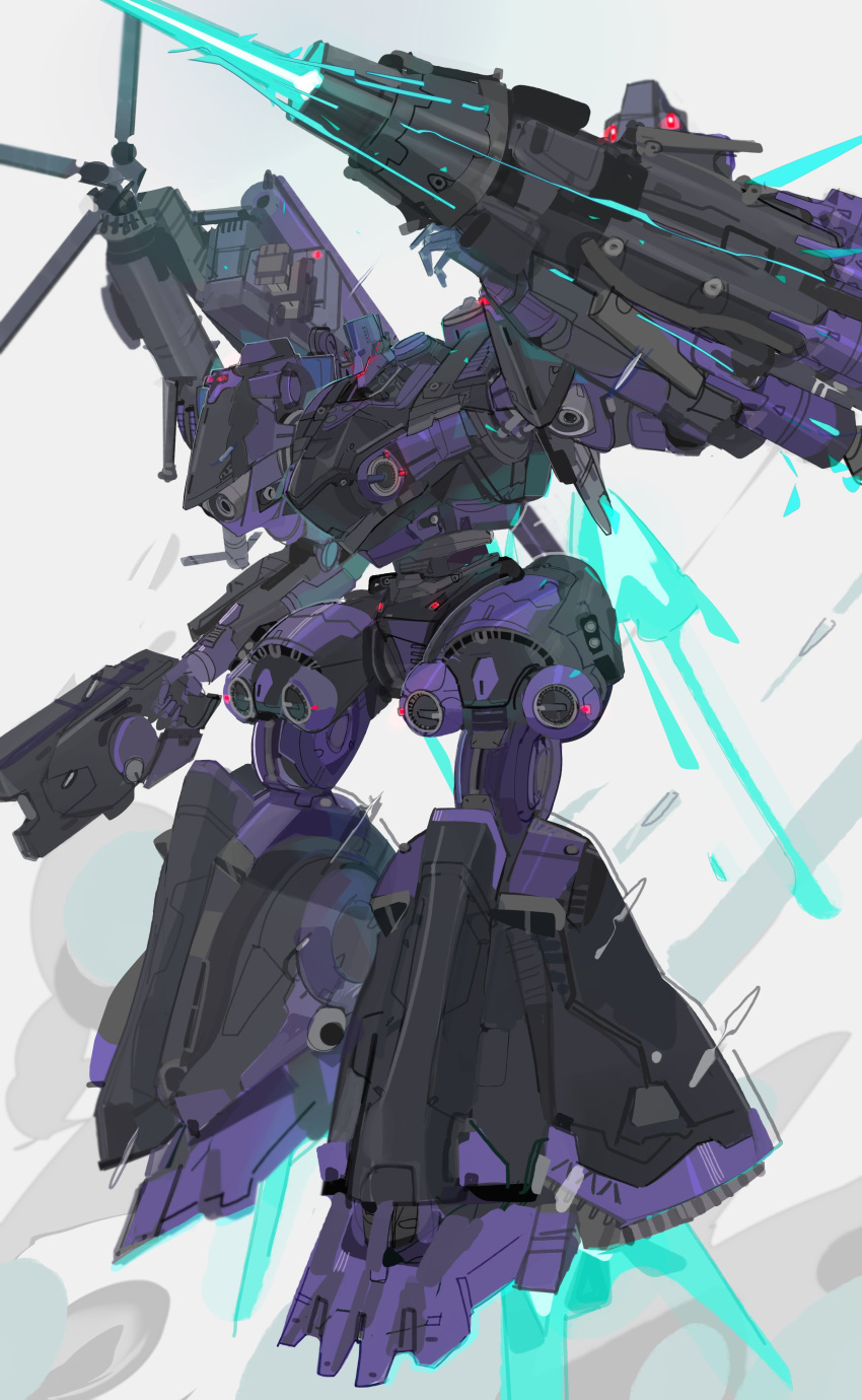 absurdres arm_up armored_core armored_core_6 full_body highres holding holding_weapon laser mecha mecha_focus no_humans nslacka open_faith_(armored_core_6) red_eyes robot science_fiction shoulder_cannon thrusters weapon white_background