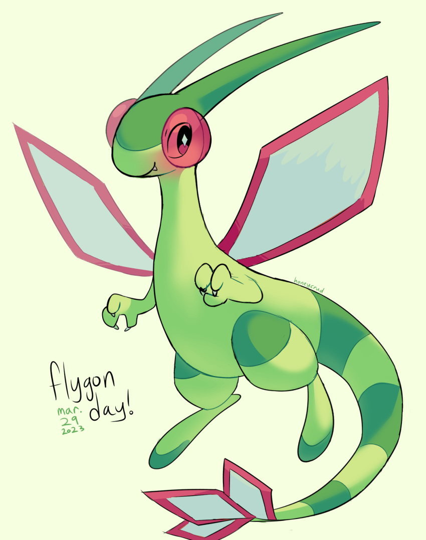 artist_name character_name colored_skin dated english_text flygon green_skin green_tail highres honeycrud looking_at_viewer no_humans pokemon pokemon_(creature) simple_background solo tail white_background wings