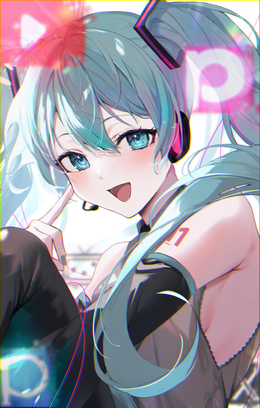 1girl absurdres aqua_eyes aqua_hair armpits black_sleeves blush breasts collared_shirt detached_sleeves from_side grey_shirt hair_between_eyes hand_up hatsune_miku headset highres index_finger_raised knees_up long_hair looking_at_viewer menomanome open_mouth pixiv_logo shirt shoulder_tattoo sideboob solo tattoo twintails upper_body vocaloid youtube_logo