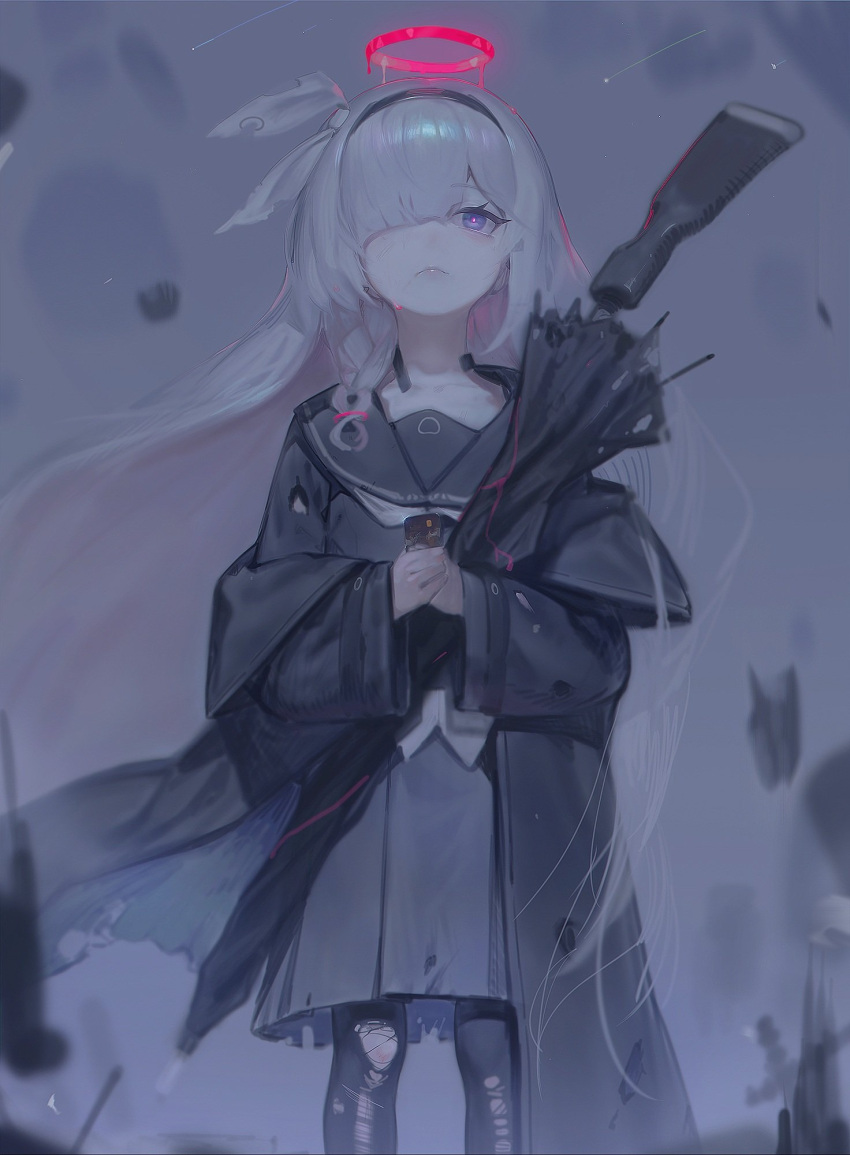 1girl black_coat black_hairband black_pantyhose black_sailor_collar black_serafuku black_skirt blue_archive blush braid closed_mouth coat colored_inner_hair feet_out_of_frame ggymj grey_eyes grey_hair gun hair_over_one_eye hairband halo highres holding holding_gun holding_weapon long_hair long_sleeves multicolored_hair neckerchief open_clothes open_coat pantyhose pink_hair plana_(blue_archive) pleated_skirt red_halo sailor_collar school_uniform serafuku single_braid skirt solo torn_clothes torn_pantyhose weapon white_neckerchief