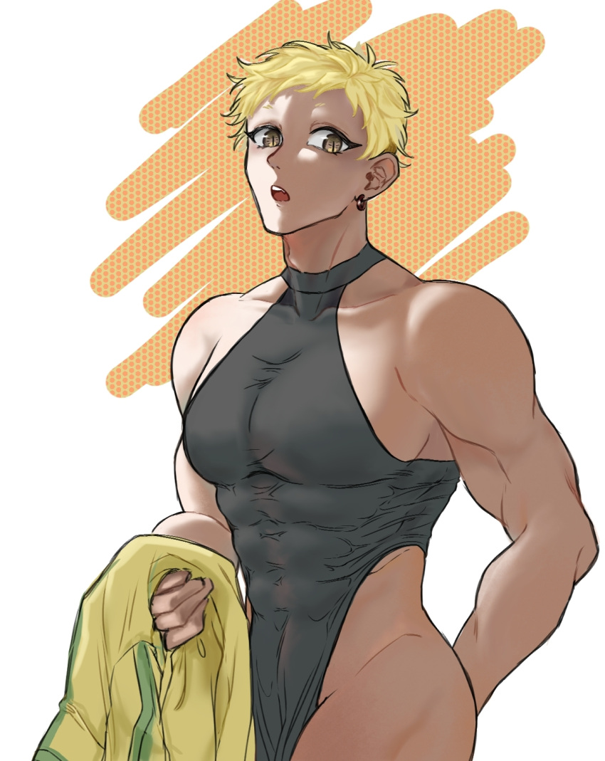 1boy black_leotard blonde_hair chinese_commentary commentary_request covered_abs cowboy_shot haruno_shion highres holding holding_clothes holding_jacket jacket large_pectorals leotard luwuyuan853 male_focus muscular muscular_male open_mouth pectorals saibou_shinkyoku short_hair slit_pupils solo teeth upper_teeth_only yellow_eyes yellow_jacket