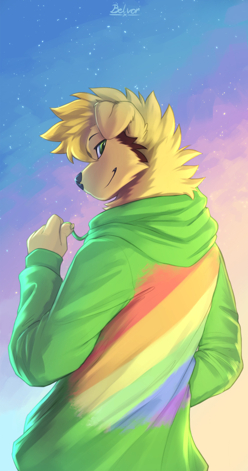 absurd_res anthro belvor bird_dog blonde_hair canid canine canis cheek_tuft clothing domestic_dog facial_tuft golden_retriever hair half-closed_eyes hi_res hoodie hunting_dog lgbt_pride male mammal nao_o'connor narrowed_eyes neck_tuft night pride_colors rainbow_pride_colors retriever smile solo topwear tuft