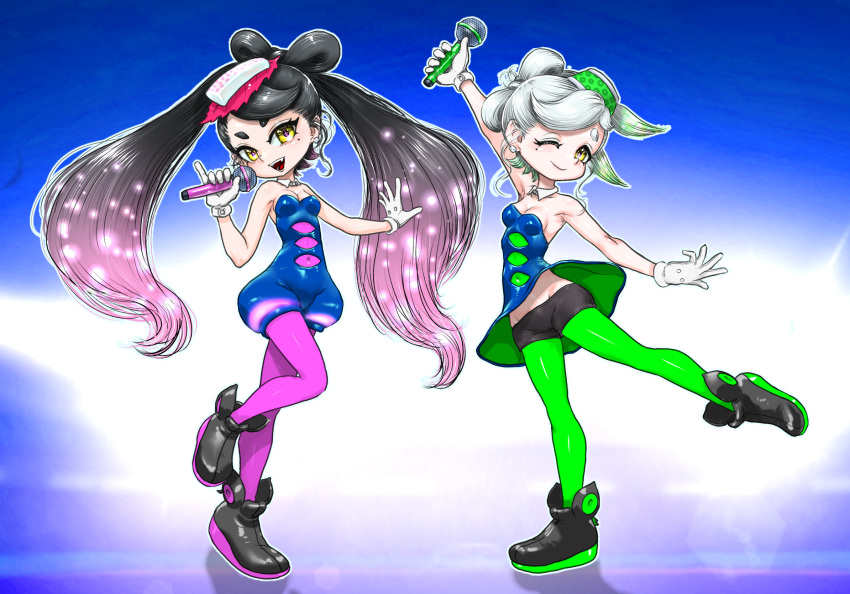 2girls ;) ankle_boots arm_up bare_shoulders black_footwear black_hair black_shorts blue_dress blue_jumpsuit boots bow-shaped_hair breasts callie_(splatoon) cleavage cousins covered_navel detached_collar dress earrings food food_on_head gradient_hair green_hair green_pantyhose grey_hair groin hand_up highres holding holding_microphone humanization jewelry jumpsuit koharu2.5 leg_up marie_(splatoon) microphone mole mole_under_eye multicolored_hair multiple_girls object_on_head one_eye_closed outline pantyhose pink_hair pink_pantyhose short_dress short_eyebrows short_jumpsuit shorts shorts_under_dress small_breasts smile splatoon_(series) splatoon_1 standing standing_on_one_leg strapless strapless_dress two-tone_hair white_outline yellow_eyes