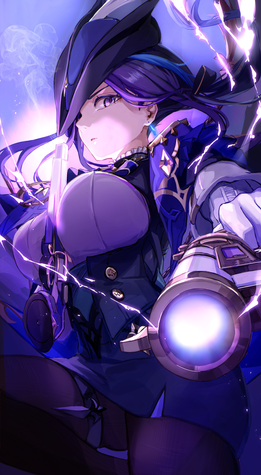 1girl absurdres black_pantyhose blue_capelet blue_skirt breasts capelet clorinde_(genshin_impact) commentary earrings fusyo_fuka genshin_impact gloves gun handgun hat highres holding holding_gun holding_weapon jewelry large_breasts long_hair looking_at_viewer miniskirt pantyhose pencil_skirt purple_eyes purple_hair shirt skirt solo tricorne weapon white_gloves