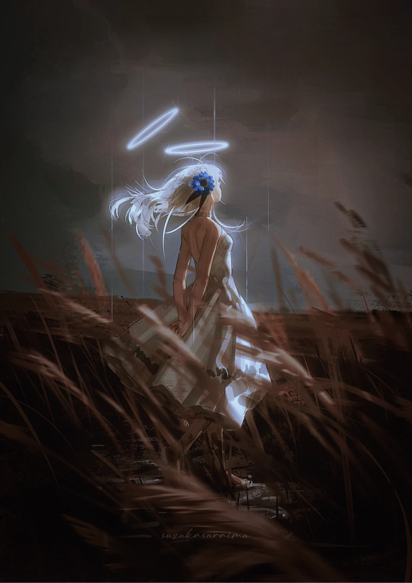 1girl arms_behind_back artist_name back backless_dress backless_outfit bare_shoulders barefoot blue_flower cloud cloudy_sky dark dress facing_ahead floating_hair flower from_side hair_flower hair_ornament halo highres horizon isekai_joucho kamitsubaki_studio long_dress long_hair multiple_halos night outdoors own_hands_together sidelocks sky solo strapless strapless_dress suzukasuraimu walking wheat_field white_dress white_hair
