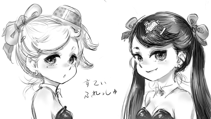 2girls alternate_hairstyle bare_shoulders bow breasts callie_(splatoon) cleavage closed_mouth cousins detached_collar earrings eyelashes fang fang_out hair_bow hair_ornament hairclip humanization jewelry koharu2.5 long_hair marie_(splatoon) medium_breasts mole mole_under_eye monochrome multiple_girls object_on_head short_hair simple_background smile splatoon_(series) splatoon_1 strapless twintails upper_body white_background