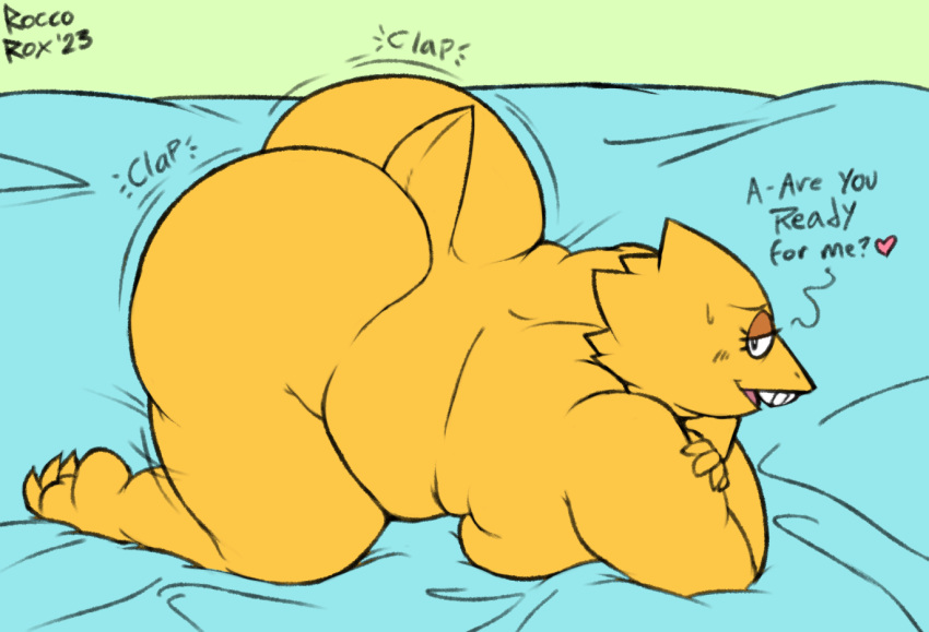 2023 all_fours alphys anthro ass_clapping big_butt breasts butt curvy_figure deltarune english_text female huge_butt obese obese_female overweight overweight_female reptile roccorox scales scalie shaking_butt side_boob solo text thick_thighs undertale_(series) voluptuous yellow_body yellow_scales