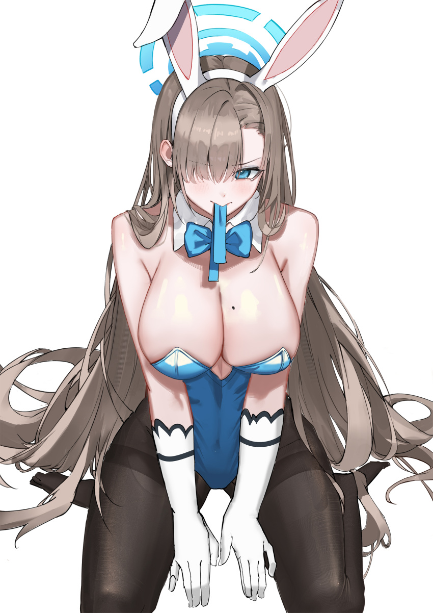 1girl absurdres animal_ears asuna_(blue_archive) asuna_(bunny)_(blue_archive) bare_shoulders black_pantyhose blue_archive blue_bow blue_bowtie blue_eyes blue_halo blue_leotard bow bowtie breasts brown_hair commentary detached_collar fake_animal_ears gloves hair_over_one_eye halo highres huge_breasts kamu_(stead06y) leotard long_hair looking_at_viewer mole mole_on_breast mouth_hold no_shoes official_alternate_costume one_eye_covered own_hands_together pantyhose playboy_bunny rabbit_ears simple_background sitting solo strapless strapless_leotard thighband_pantyhose traditional_bowtie very_long_hair wariza white_background white_gloves