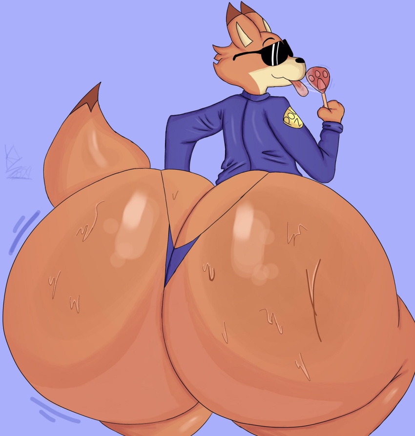 anthro big_butt bottomless butt canid canine clothed clothing disney fox fur hi_res huge_butt hyper hyper_butt male mammal nick_wilde orange_body orange_butt orange_fur police police_officer police_uniform simple_background solo thong underwear uniform yoshuacomoyoshu zootopia