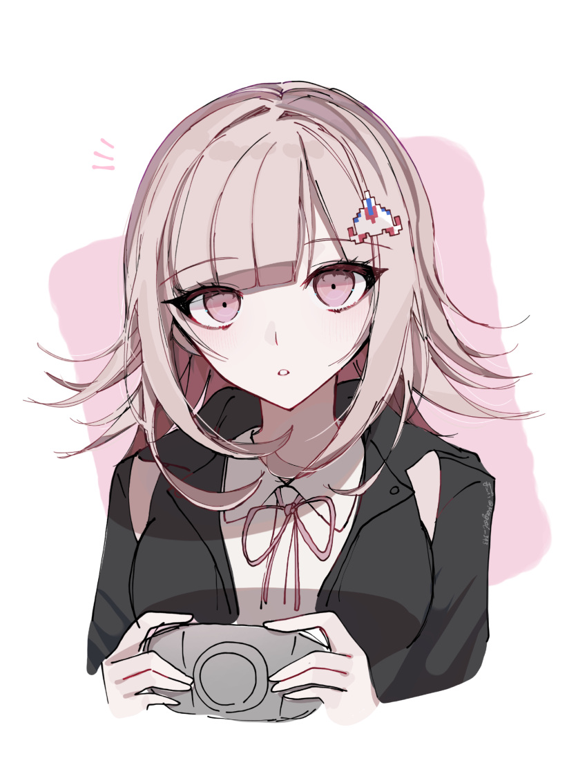 1girl :o absurdres black_jacket breasts brown_hair collared_shirt cropped_torso danganronpa_(series) danganronpa_2:_goodbye_despair flipped_hair galaga hair_ornament handheld_game_console highres higoi_343 holding holding_handheld_game_console hood jacket long_sleeves looking_at_viewer medium_hair nanami_chiaki neck_ribbon open_clothes open_jacket pink_eyes pink_ribbon ribbon shion_343 shirt solo teeth white_shirt