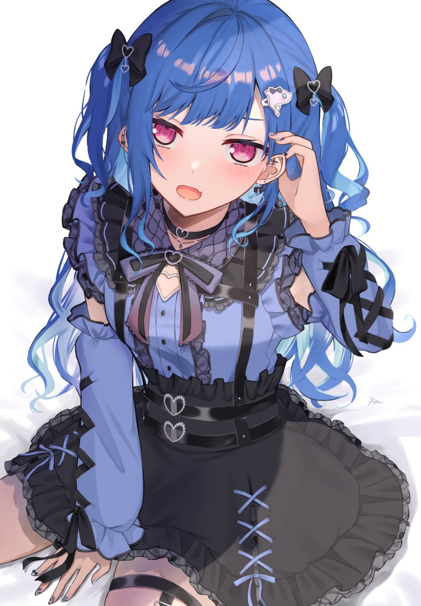 1girl black_bow black_choker black_ribbon black_sailor_collar black_skirt blue_dress blue_hair bow choker detached_sleeves dress ear_piercing earrings frilled_dress frilled_skirt frilled_sleeves frills hair_bow hair_ornament hairclip highres jewelry kureyon_(kureyon44444) long_hair long_sleeves looking_at_viewer nail_polish necklace nijisanji nishizono_chigusa nishizono_chigusa_(jirai_kei) piercing purple_eyes ribbon sailor_collar sailor_dress single_hair_intake sitting skirt solo suspender_skirt suspenders thigh_strap twintails virtual_youtuber wariza