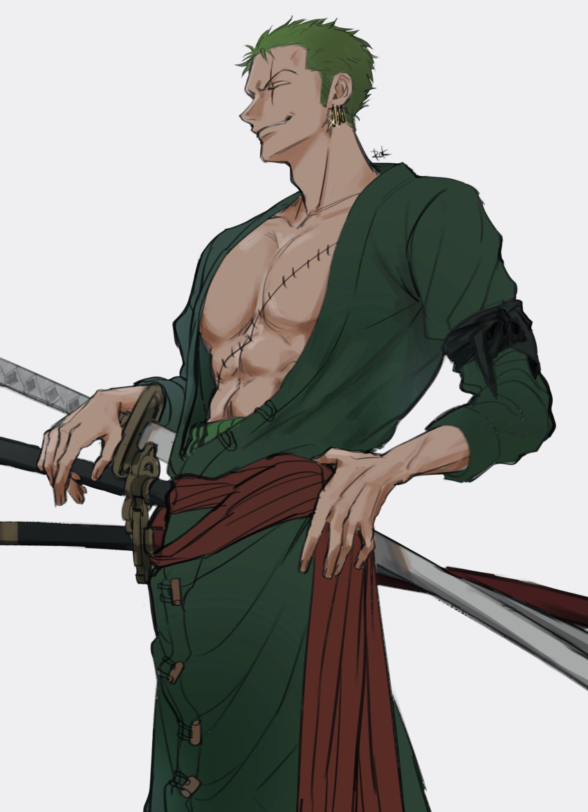 1boy abs absurdres bandana_around_arm cowboy_shot earrings glint green_hair green_kimono hand_on_own_hip haramaki highres japanese_clothes jewelry kimono male_focus one_piece profile red_sash rokurnshu003 roronoa_zoro sash scar scar_across_eye scar_on_chest short_hair sideburns simple_background smile solo sword veins weapon