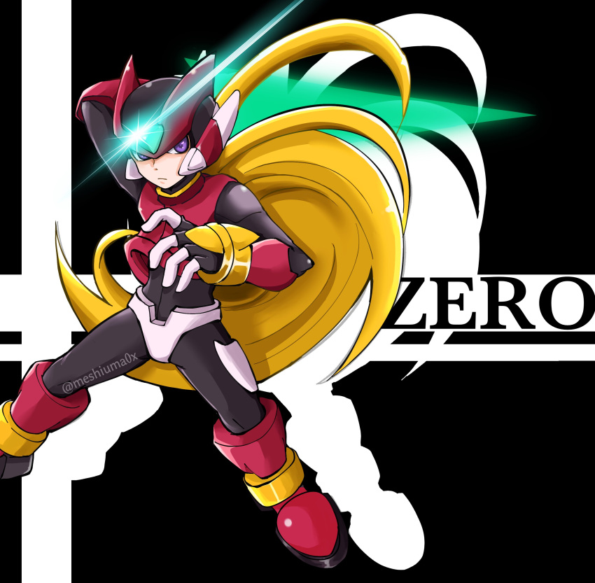 1boy absurdres armor black_background blonde_hair boots character_name commentary energy_sword foot_out_of_frame forehead_jewel glint helmet highres long_hair mega_man_(series) mega_man_zero_(series) meshiuma0x red_armor red_footwear red_helmet solo sword symbol-only_commentary twitter_username weapon z_saber zero(z)_(mega_man) zero_(mega_man)