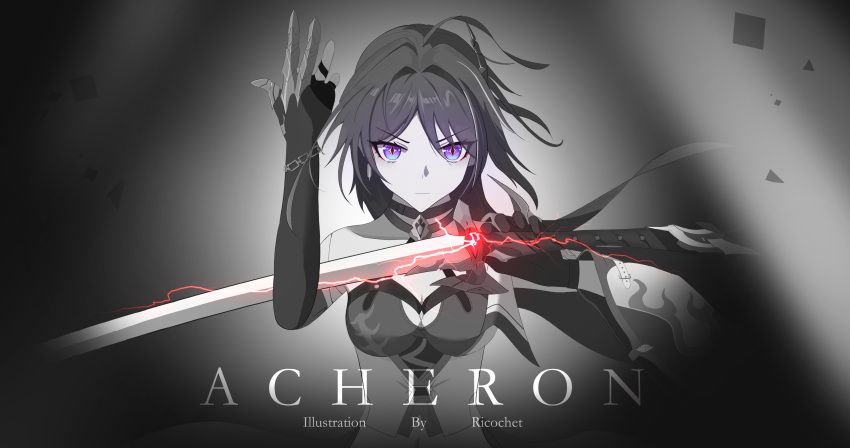 1girl absurdres acheron_(honkai:_star_rail) ahoge bandaged_arm bandages black_choker black_gloves breasts chain chain_around_arm character_name choker cleavage coat coattails commentary criss-cross_halter diamond-shaped_pupils diamond_(shape) electricity english_commentary english_text eyeliner glint gloves glowing glowing_sword glowing_weapon hair_intakes hair_ornament halterneck highres holding holding_sword holding_weapon honkai:_star_rail honkai_(series) large_breasts looking_at_viewer makeup midriff monochrome navel parted_bangs purple_eyes red_eyeliner ricochet_(pixiv_56674276) sidelocks single_bare_shoulder single_wide_sleeve solo spot_color sword symbol-shaped_pupils upper_body weapon