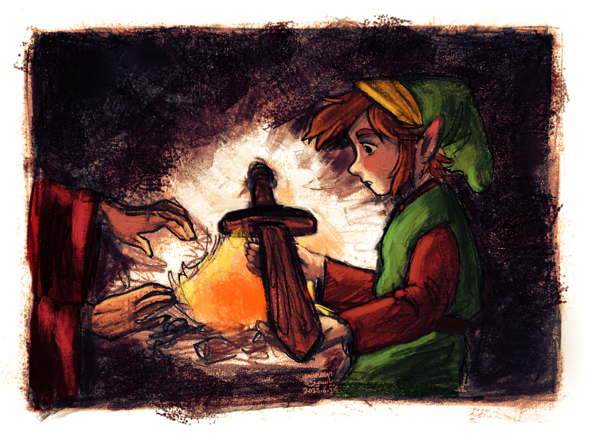 2boys belt black_belt border brown_hair brown_shirt campfire faux_traditional_media from_side green_hat green_tunic hat highres link long_sleeves male_focus multiple_boys old_man_(zelda) parted_lips pointy_ears shirt short_hair signature solo sword the_legend_of_zelda the_legend_of_zelda_(nes) weapon white_border wide_sleeves wooden_sword yasmeen