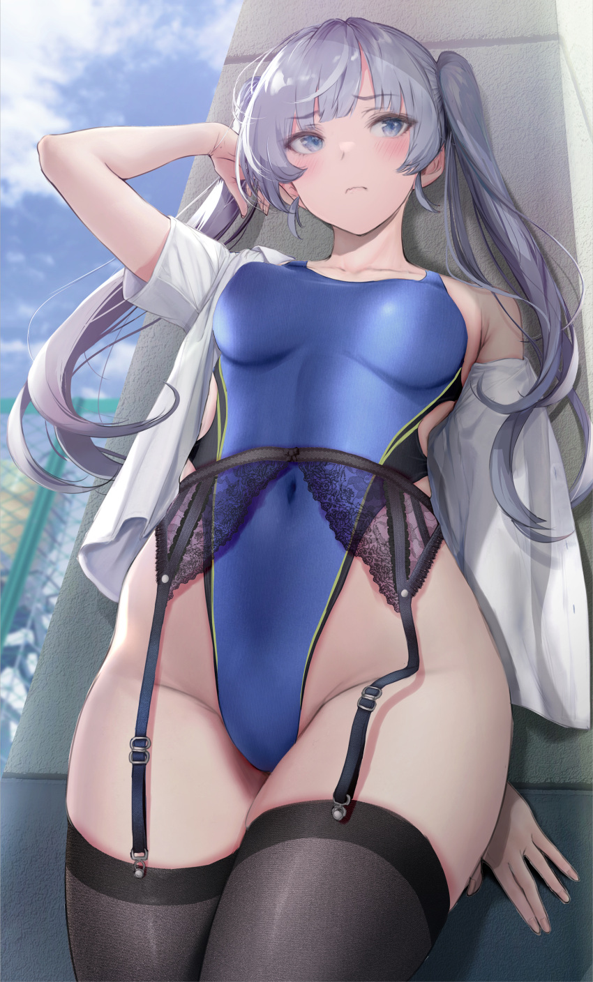 1girl absurdres arm_up black_garter_belt black_garter_straps black_thighhighs blue_one-piece_swimsuit blue_sky blush breasts chain-link_fence closed_mouth cloud cloudy_sky collarbone commentary_request competition_swimsuit covered_navel cowboy_shot day fence from_below garter_belt garter_straps gentsuki grey_eyes grey_hair groin highleg highleg_swimsuit highres kimi_omou_koi kuroe_(kimi_omou_koi) long_hair looking_to_the_side medium_breasts one-piece_swimsuit open_clothes open_shirt shirt single_bare_shoulder single_off_shoulder sky solo super_highleg swimsuit thighhighs twintails white_shirt