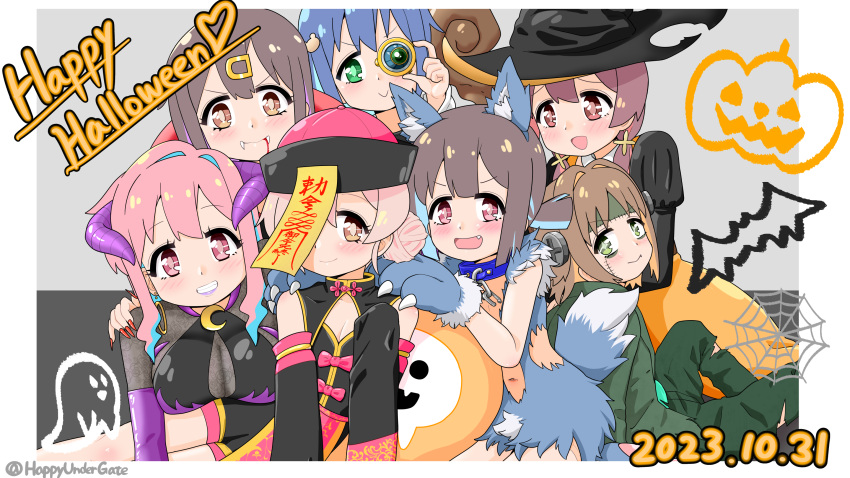 +_+ 6+girls :&gt; :d animal_ear_fluff animal_ears animal_hands artist_name black_hair black_hat blood blood_on_face blue_hair blunt_bangs blush bodystocking border breasts brown_eyes brown_hair chain china_dress chinese_clothes claws collar colored_inner_hair commentary_request cosplay dated demon_costume detached_sleeves dress earrings elbow_gloves english_text fang fangs fangs_out fingernails frankenstein's_monster frankenstein's_monster_(cosplay) gloves green_eyes grey_background grin hair_bun hair_intakes hair_ornament hairclip halloween halloween_costume hands_on_another's_shoulders happy_halloween happyundergate hat highres hoop_earrings horns hozuki_kaede hozuki_momiji jewelry jiangshi_costume juliet_sleeves large_breasts light_blush long_fingernails long_hair long_sleeves looking_at_viewer multicolored_hair multiple_girls murosaki_miyo navel object_through_head ofuda ofuda_on_head oka_asahi onii-chan_wa_oshimai! open_mouth orange_hair oyama_mahiro oyama_mihari patchwork_skin paw_gloves paw_shoes pink_hair puffy_sleeves purple_hair qingdai_guanmao red_eyes red_nails rio_-rainbow_gate!- screw_in_head sharp_fingernails short_hair short_ponytail simple_background sitting skirt sleeves_past_fingers sleeves_past_wrists smile super_blackjack tail tenkawa_nayuta twitter_username vampire_costume werewolf_costume white_border witch witch_hat wolf_ears wolf_tail yellow_skirt