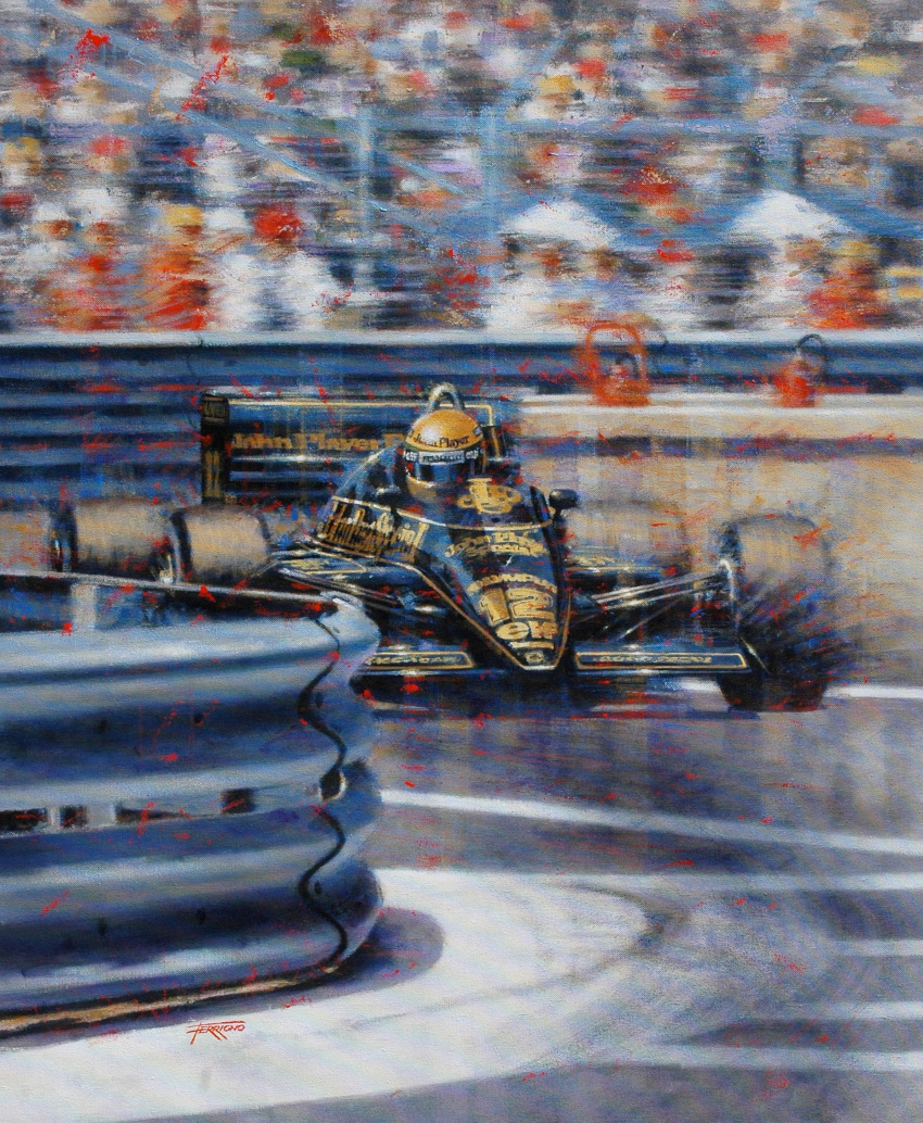 1boy absurdres ayrton_senna black_car car crowd driving english_commentary formula_one formula_racer guard_rail highres juan_carlos_ferrigno lotus_(brand) lotus_97t monaco_(city) motion_blur motor_vehicle oil_painting_(medium) painting_(medium) race_vehicle racecar real_life spoiler_(automobile) traditional_media umbrella vehicle_focus yellow_helmet