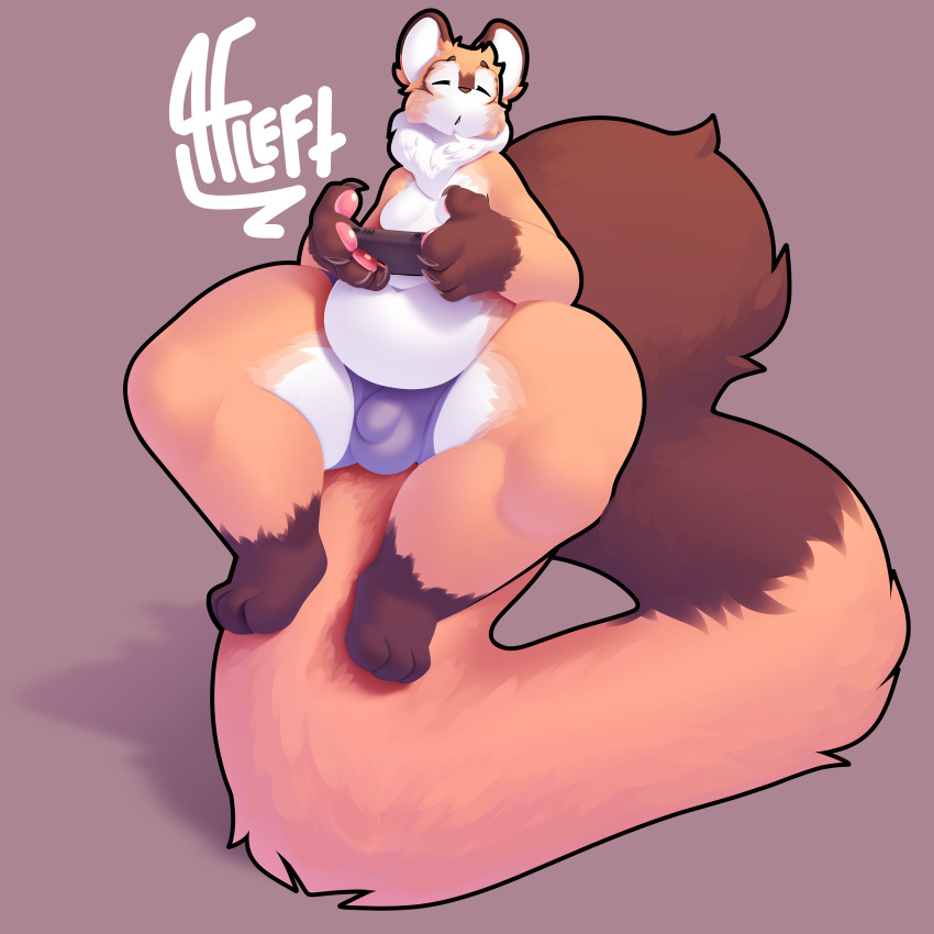 2023 3_toes 4_fingers absurd_res alwaysfaceleft anthro balancing_on_tail balls_outline belly belly_overhang big_hands big_tail biped blue_clothing blue_underwear brown_body brown_claws brown_ear_tips brown_ears brown_fur brown_nose brown_tail brown_tail_tip bulge canid canine cheek_tuft claws clothed clothing colored countershade_face countershade_fur countershade_legs countershade_torso countershading detailed_bulge digital_media_(artwork) dipstick_ears dipstick_tail ear_markings electronics eyes_always_closed eyes_closed facial_tuft feet finger_claws fingerpads fingers fluffy fluffy_tail fox front_view full-length_portrait fur game_console gaming genital_outline gloves_(marking) grey_background handpaw hi_res huge_tail hybrid leg_markings long_tail looking_at_viewer male male_anthro mammal markings multicolored_body multicolored_ears multicolored_fur multicolored_tail navel neck_tuft nintendo nintendo_console nintendo_switch orange_body orange_ears orange_fur orange_tail overweight overweight_anthro overweight_male pan_(alwaysfaceleft) pawpads paws penis_outline pink_pawpads playing_video_game portrait prehensile_tail raccoon_dog shaded signature simple_background sitting socks_(marking) solo switch_console tail tail_markings tanuki thick_tail thick_thighs toes topless topless_anthro topless_male tuft two_tone_tail underwear underwear_only white_body white_countershading white_fur white_inner_ear