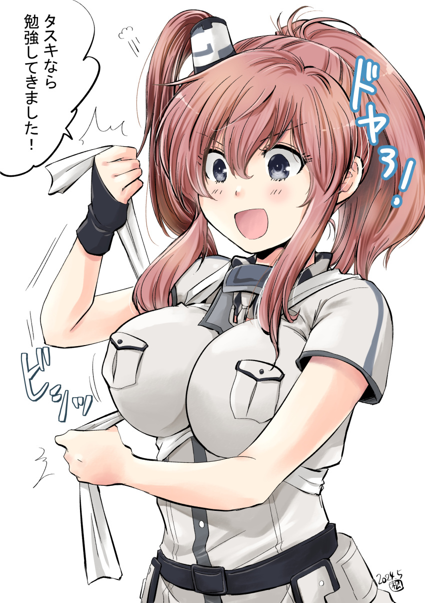 1girl absurdres anchor_choker blue_hair breasts brown_hair commentary_request dress hair_ornament highres kantai_collection large_breasts matsuura@parao open_mouth saratoga_(kancolle) side_ponytail smile solo tasuki translation_request white_dress