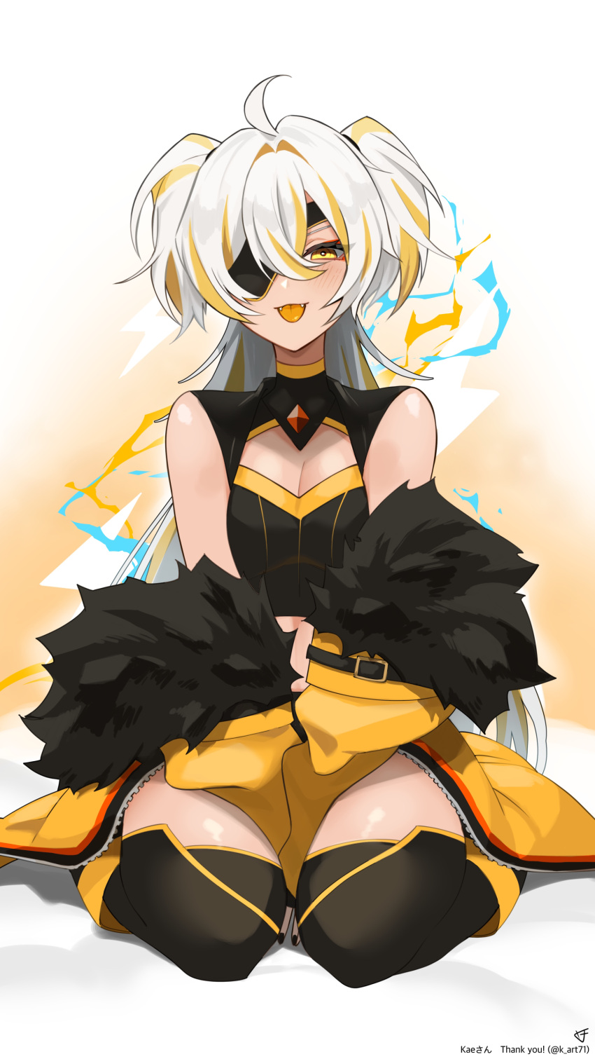 1girl absurdres ahoge black_nails black_shirt black_thighhighs blonde_hair breasts character_name cleavage cleavage_cutout clothing_cutout coat colored_tongue commission crop_top eyelashes eyepatch fangs fur-trimmed_coat fur_trim highres indie_virtual_youtuber k_(art71) kaeveo_(vtuber) kneeling long_hair multicolored_hair off_shoulder shirt skeb_commission sleeveless sleeveless_shirt streaked_hair thighhighs tongue tongue_out twitter_username two_side_up virtual_youtuber white_hair yellow_coat yellow_eyes yellow_tongue zipper