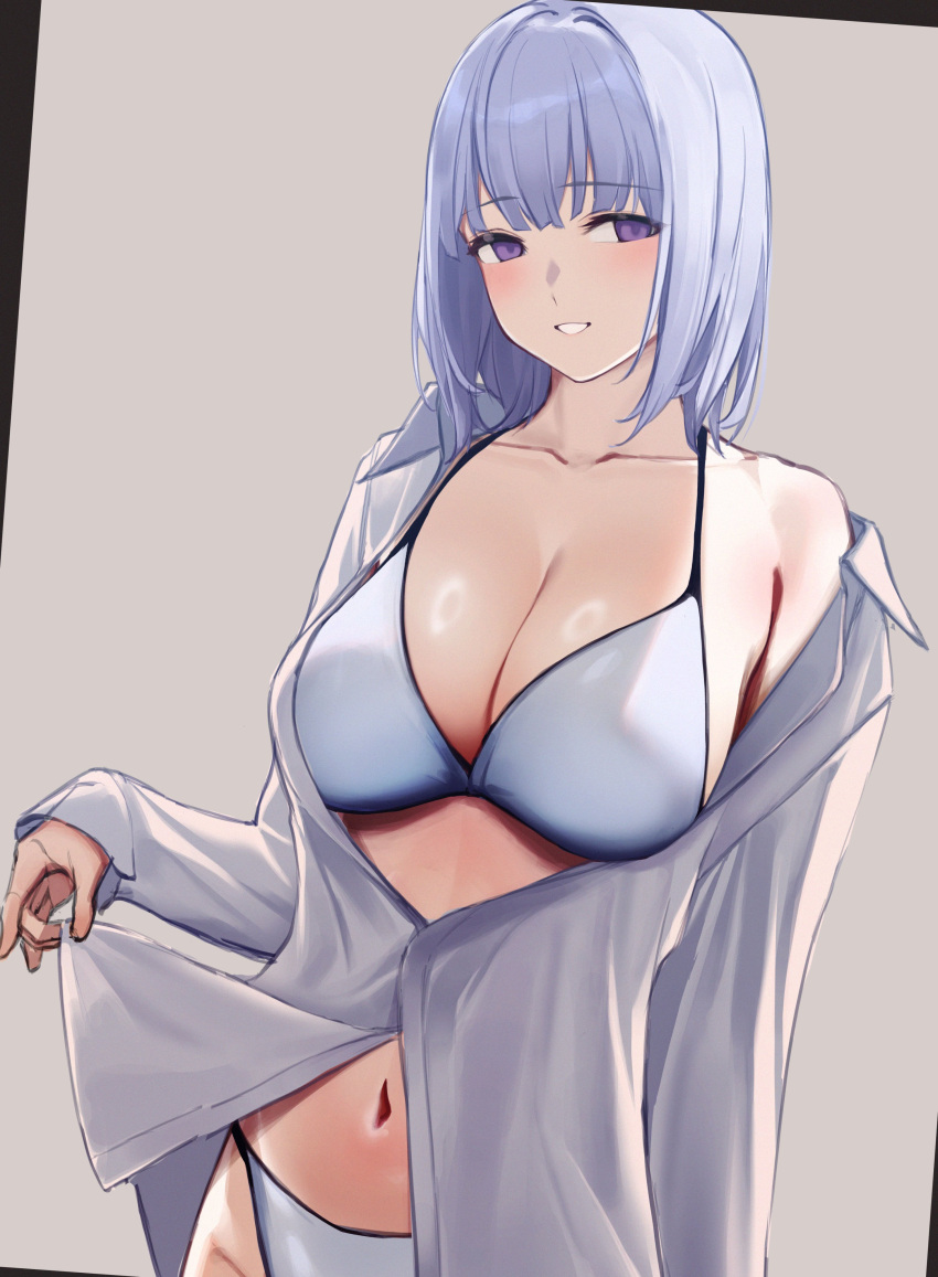 3_small_spiders absurdres blush bra breasts cleavage collarbone collared_shirt girls'_frontline grey_background grey_hair highres looking_at_viewer navel off_shoulder panties parted_lips purple_eyes rpk-16_(girls'_frontline) shirt short_hair simple_background smile unbuttoned unbuttoned_shirt underwear upper_body white_background white_panties white_shirt