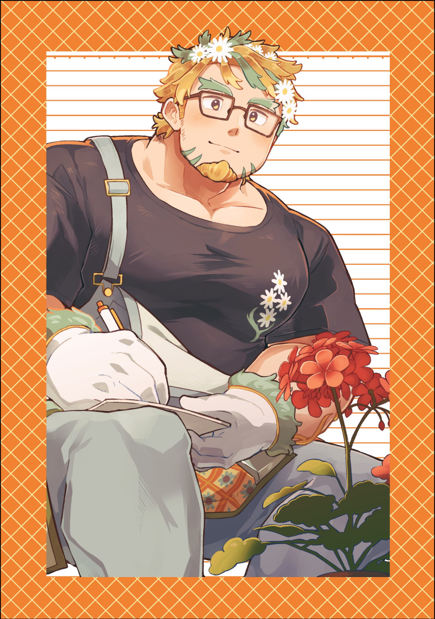 1boy absurdres bara black_shirt closed_mouth collarbone daisy facial_hair feet_out_of_frame floral_print flower glasses gloves goatee green_hair grey_overalls grid_background hair_flower hair_ornament highres hippolytus_(housamo) light_brown_hair looking_at_viewer male_focus manboobs multicolored_hair overalls plant sawch_cls shirt short_sleeves sideburns_stubble sitting solo stubble thick_eyebrows tokyo_afterschool_summoners two-tone_hair white_gloves writing