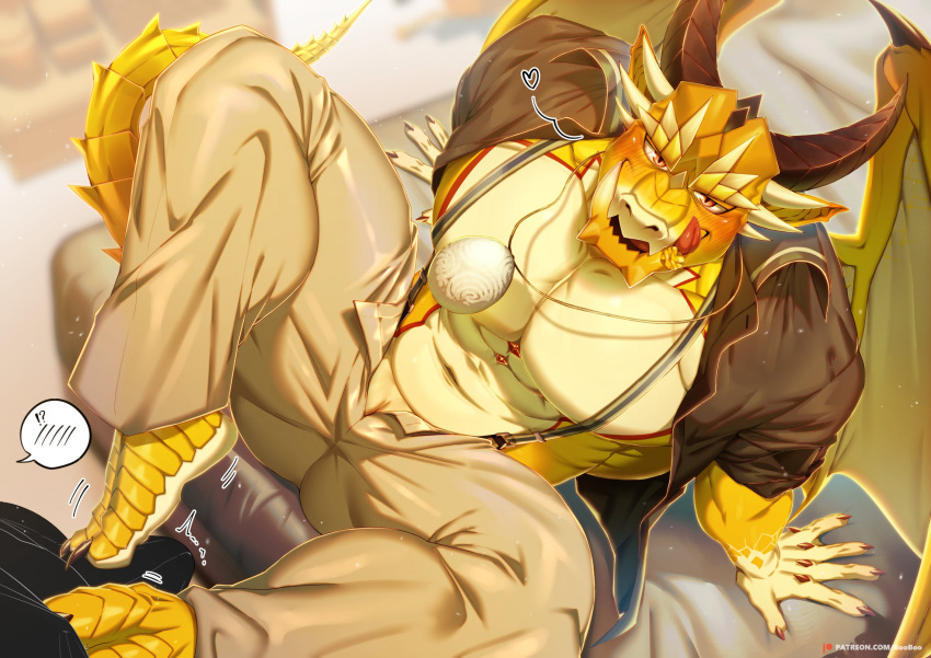 2_horns anthro bodily_fluids booboo34 clothed clothing dragon genital_fluids hi_res horn lifewonders male muscular muscular_anthro muscular_male mythological_creature mythological_scalie mythology ophion_(tas) partially_clothed scales scalie solo tokyo_afterschool_summoners wings yellow_body yellow_scales