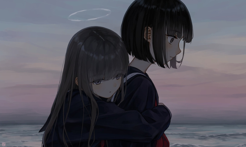 2girls acorn_dongur1 black_hair black_sailor_collar black_serafuku black_shirt bob_cut brown_eyes brown_hair commentary_request halo highres hug hug_from_behind long_hair long_sleeves multiple_girls neckerchief ocean original outdoors parted_lips red_neckerchief sailor_collar school_uniform serafuku shirt short_hair upper_body water