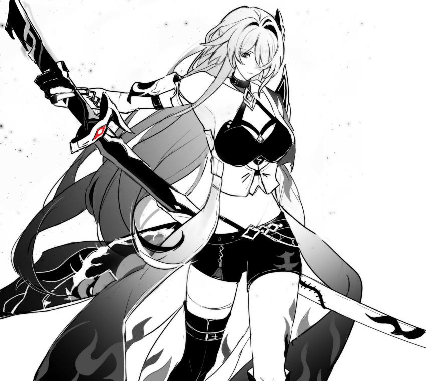 1girl acheron_(honkai:_star_rail) armor asymmetrical_legwear bandaged_arm bandaged_leg bandages belt black_belt black_choker black_gloves black_shorts boots breasts chain chain_around_arm choker cleavage coat coattails collarbone cowboy_shot criss-cross_halter gloves hair_intakes hair_ornament halterneck highres holding holding_sword holding_weapon honkai:_star_rail honkai_(series) huangf48139 knee_boots large_breasts leg_tattoo long_hair looking_down midriff monochrome scabbard sheath sheathed short_shorts shorts shoulder_armor single_bare_shoulder single_knee_boot single_thigh_boot solo spot_color sword tattoo thigh_boots thighs weapon white_background white_coat