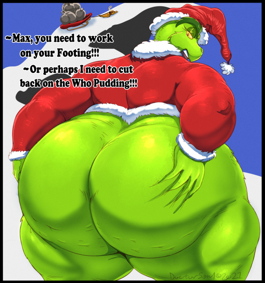 2021 antlers big_butt blue_sky bottom_heavy bottomless bottomless_male butt butt_grab canid canine cellulite christmas christmas_clothing christmas_headwear clothed clothing costume dr._seuss english_text eyebrows eyelashes feral fur green_body green_fur grinch hand_on_butt hat headgear headwear hi_res holidays horn how_the_grinch_stole_christmas! huge_butt huge_thighs humanoid looking_back male mammal max_(the_grinch) mountain muscular muscular_male open_mouth red_eyes rhyme santa_costume santa_hat sky sled snow solo soulman1 text thick_eyebrows thick_eyelashes thick_thighs yellow_sclera