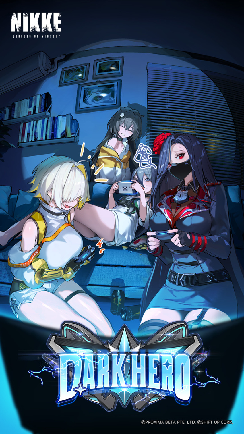 4girls ahoge belt between_breasts black_belt black_gloves black_mask blonde_hair book breasts can chips_(food) clothes_writing commentary controller copyright_name couch curtained_hair elegg_(nikke) energy_drink english_commentary english_text exia_(nikke) fang fingerless_gloves flower food game_controller game_controller_print gloves goddess_of_victory:_nikke grin hair_between_eyes hair_flower hair_intakes hair_ornament hair_over_eyes handheld_game_console hands_up highres holding holding_controller holding_game_controller indoors large_breasts long_hair long_sleeves looking_at_viewer maiden_(nikke) multicolored_hair multiple_girls nail_polish official_art on_couch open_mouth pillow potato_chips red_eyes red_flower red_rose rose shirt short_shorts shorts single_bare_shoulder skin_fang smile squiggle thigh_strap thighhighs thighs trony_(nikke) two-tone_hair very_long_hair white_shirt