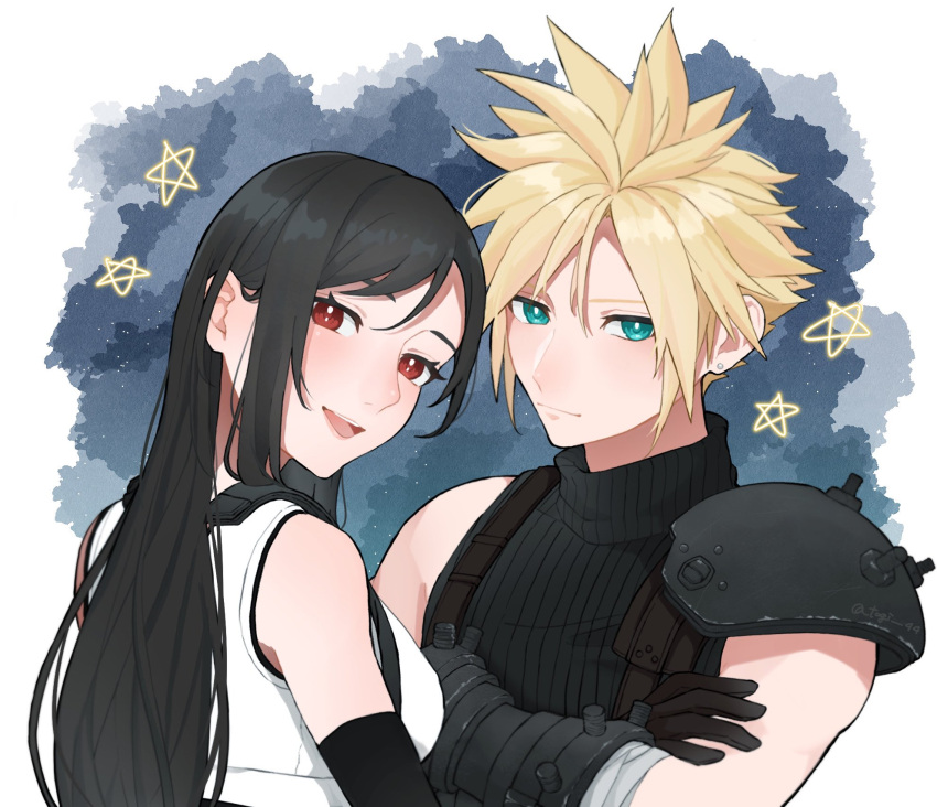 1boy 1girl armor bare_shoulders black_gloves black_hair blonde_hair blue_eyes blush breasts closed_mouth cloud_strife commentary_request crop_top crossed_arms earrings elbow_gloves final_fantasy final_fantasy_vii final_fantasy_vii_rebirth final_fantasy_vii_remake gloves hair_behind_ear hair_between_eyes highres jewelry light_blush long_hair looking_at_viewer looking_to_the_side medium_breasts open_mouth red_eyes short_hair shoulder_armor single_bare_shoulder single_earring single_sidelock sleeveless sleeveless_turtleneck smile spiked_hair star_(symbol) stud_earrings suspenders sweater swept_bangs tank_top tifa_lockhart togi turtleneck turtleneck_sweater upper_body white_tank_top