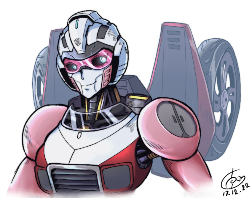 1girl 1ongget arcee autobot blue_eyes breasts helmet humanoid_robot mechanical_parts medium_breasts pink-framed_eyewear robot robot_girl simple_background solo transformers transformers:_rise_of_the_beasts transformers_(live_action) upper_body wheel white_background