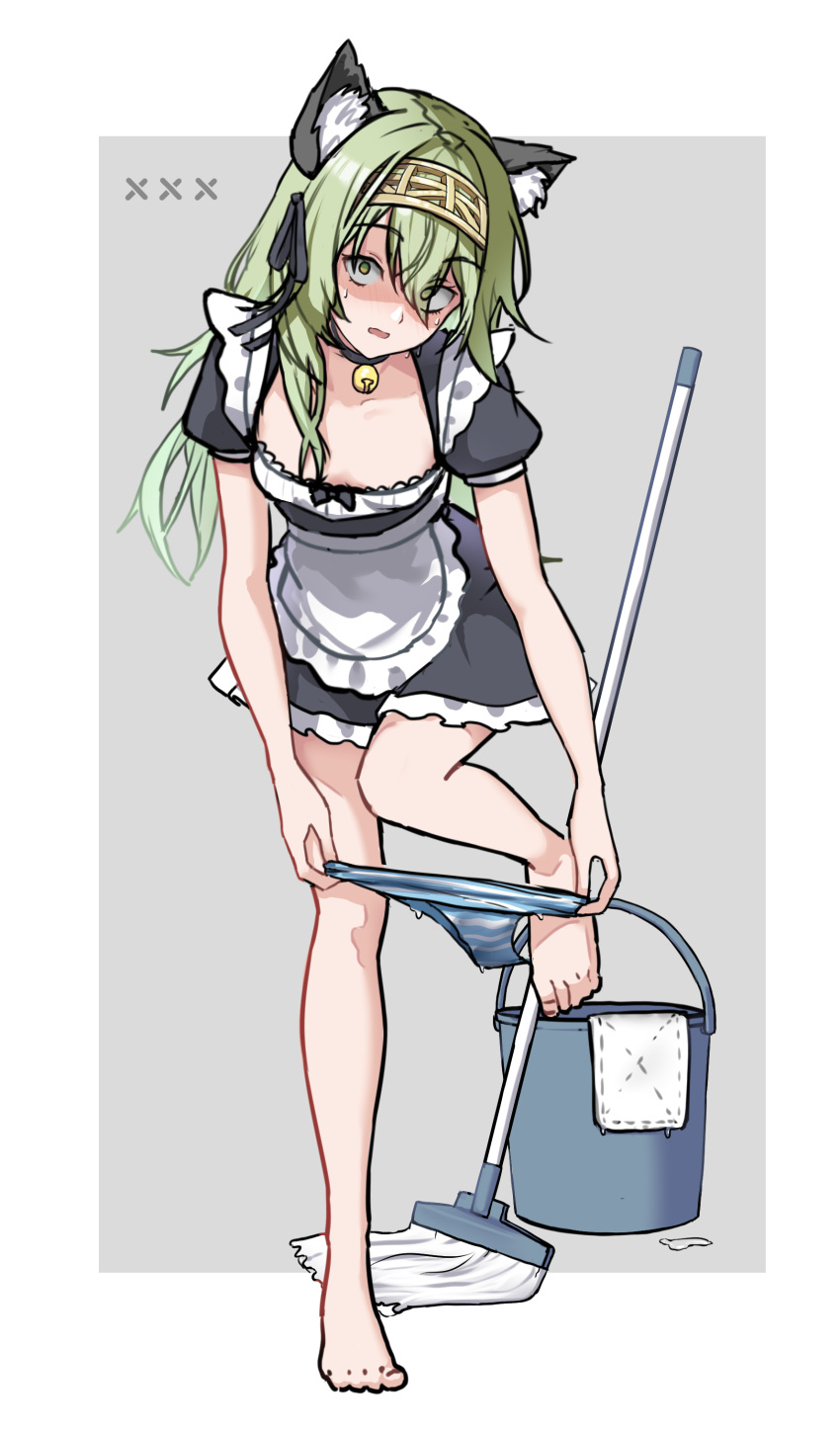 1girl absurdres alternate_costume animal_ear_fluff animal_ears apron black_dress breasts bucket cat_ears dress goddess_of_victory:_nikke green_eyes green_hair hair_between_eyes hairband highres kilo_(nikke) long_hair looking_at_viewer maid maid_apron maid_headdress mikan_houri mop open_mouth shaded_face short_sleeves small_breasts solo standing standing_on_one_leg surprised undressing