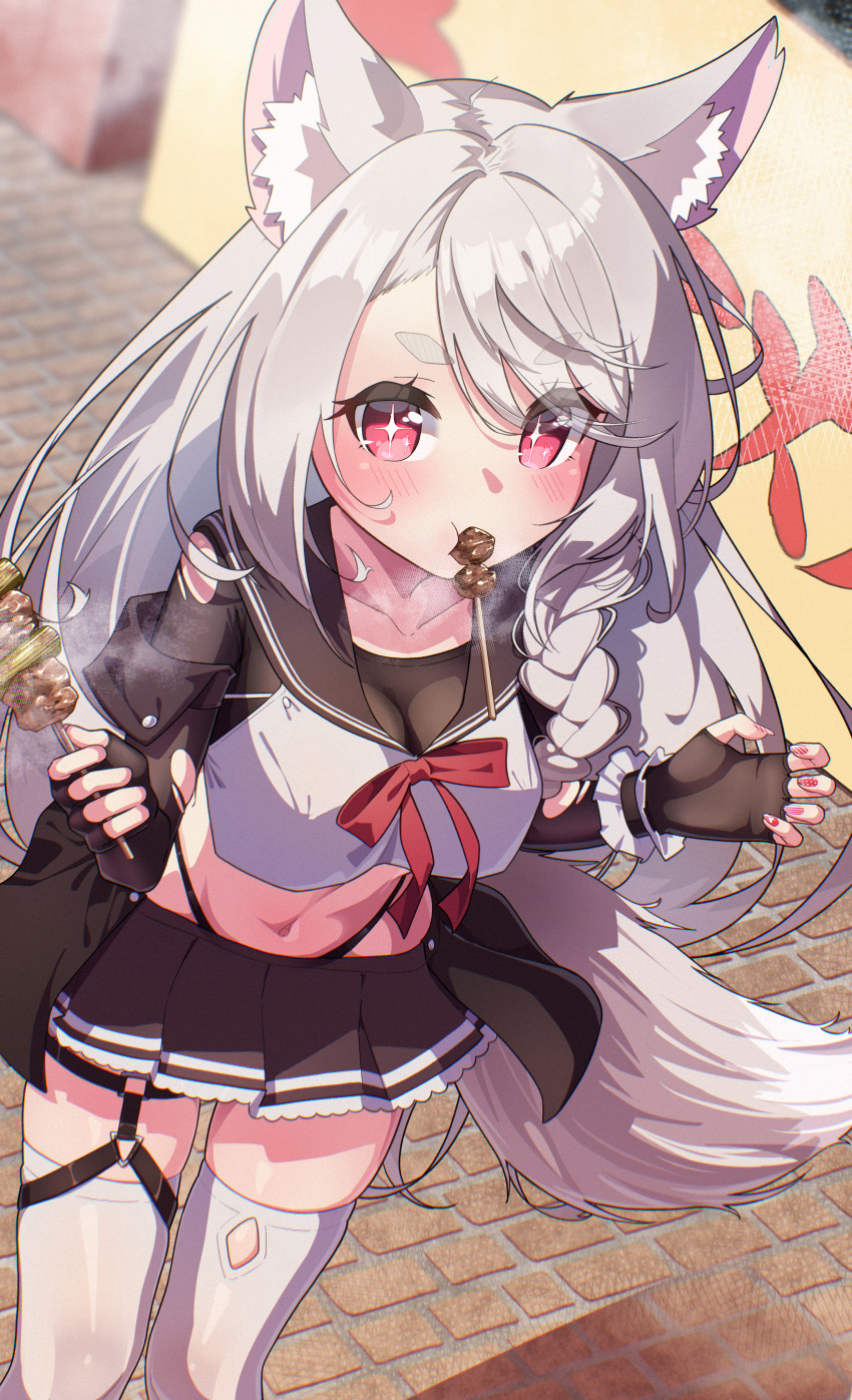 +_+ 1girl absurdres animal_ears azur_lane black_gloves black_panties black_skirt blush braid breasts commentary_request crop_top eating excited fingerless_gloves food food_in_mouth from_above gloves hair_over_one_eye hands_up happy highleg highleg_panties highres leaning_forward long_hair looking_at_viewer looking_up marimo_daifuku meat medium_breasts midriff miniskirt mouth_hold nail_polish navel neck_ribbon o-ring o-ring_thigh_strap outdoors panties patterned pink_eyes pleated_skirt red_eyes red_nails red_ribbon ribbon single_braid skindentation skirt solo standing tail thigh_strap thighhighs thighs underwear very_long_hair white_hair wolf_ears wolf_tail yuudachi_(azur_lane)