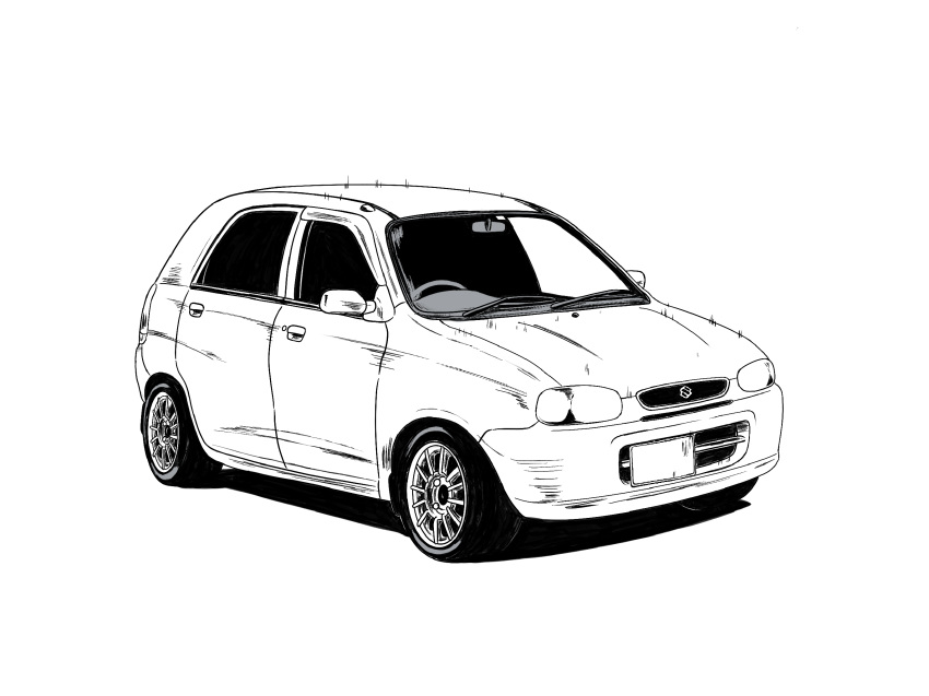 car greyscale highres initial_d k.tofu monochrome motor_vehicle no_humans original parody shadow style_parody suzuki_(company) suzuki_alto vehicle_focus