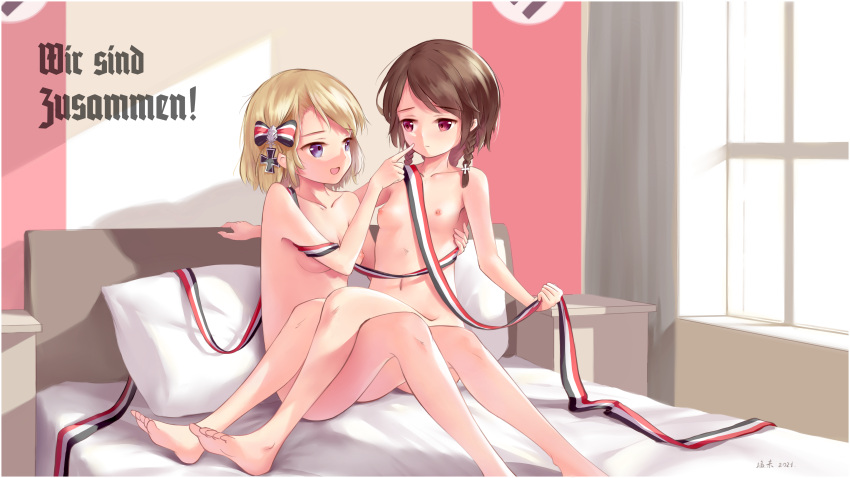 2girls absurdres areolae azur_lane banner bare_legs bare_shoulders barefoot bed blonde_hair blue_eyes braid breasts brown_hair closed_mouth collarbone cross dated enso35 feet german_text hair_ribbon highres indoors iron_cross looking_at_another medium_breasts multiple_girls navel nipples nude on_bed open_mouth red_eyes ribbon short_hair signature sitting sitting_on_lap sitting_on_person small_breasts smile stomach swastika toes twin_braids window yuri z23_(azur_lane) z2_georg_thiele_(azur_lane)