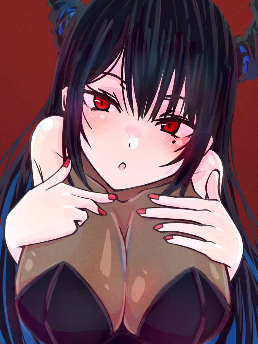 1girl black_hair blue_hair blush breasts cleavage colored_inner_hair demon_horns hands_on_own_chest highres hololive hololive_english horns large_breasts long_hair looking_at_viewer mole mole_under_eye multicolored_hair nail_polish nerissa_ravencroft open_mouth qwq_oekaki red_background red_eyes red_nails solo virtual_youtuber