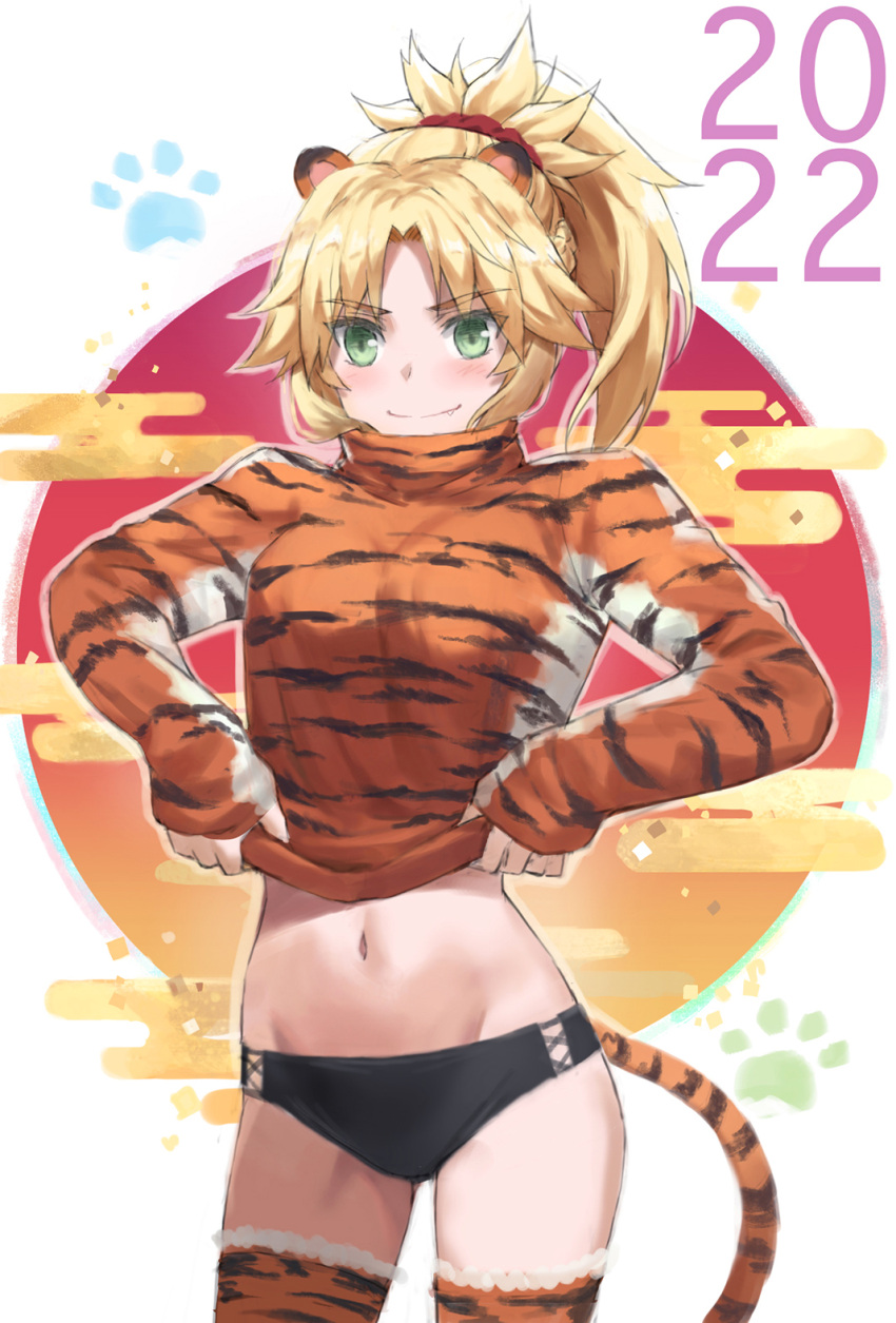1girl bangs blonde_hair blush braid breasts fate/apocrypha fate_(series) french_braid green_eyes highres long_hair long_sleeves looking_at_viewer mordred_(fate) mordred_(fate/apocrypha) navel parted_bangs ponytail sidelocks small_breasts smile solo thighhighs thighs tonee
