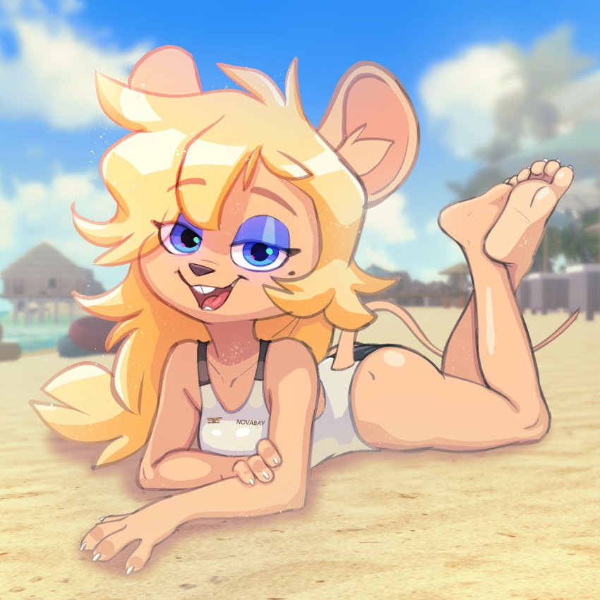 1:1 2024 anthro beach blonde_hair blue_eyes blue_eyeshadow breasts buckteeth butt clothing ela_novabay eyebrow_through_hair eyebrows eyelashes eyeshadow feet female fur hair hand_on_arm hi_res humanoid_feet inner_ear_fluff legs_up long_hair looking_at_viewer lying makeup mammal mouse murid murine on_front one-piece_swimsuit open_mouth open_smile outside plantigrade rodent siroc smile solo swimwear tan_body tan_fur teeth translucent translucent_hair tuft