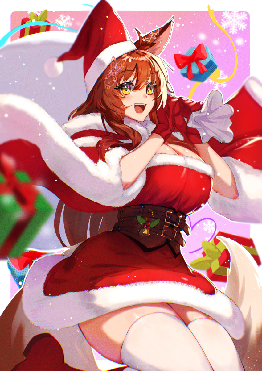 1girl animal_ears bag blush breasts brown_hair christmas christmas_present cleavage fox_ears fox_girl fox_tail fumi_(nijisanji) gift gloves hat highres holding holding_bag large_breasts long_hair murechika nijisanji open_mouth red_gloves ribbon santa_costume santa_hat smile snowflakes solo tail thighhighs thighs very_long_hair virtual_youtuber white_thighhighs yellow_eyes