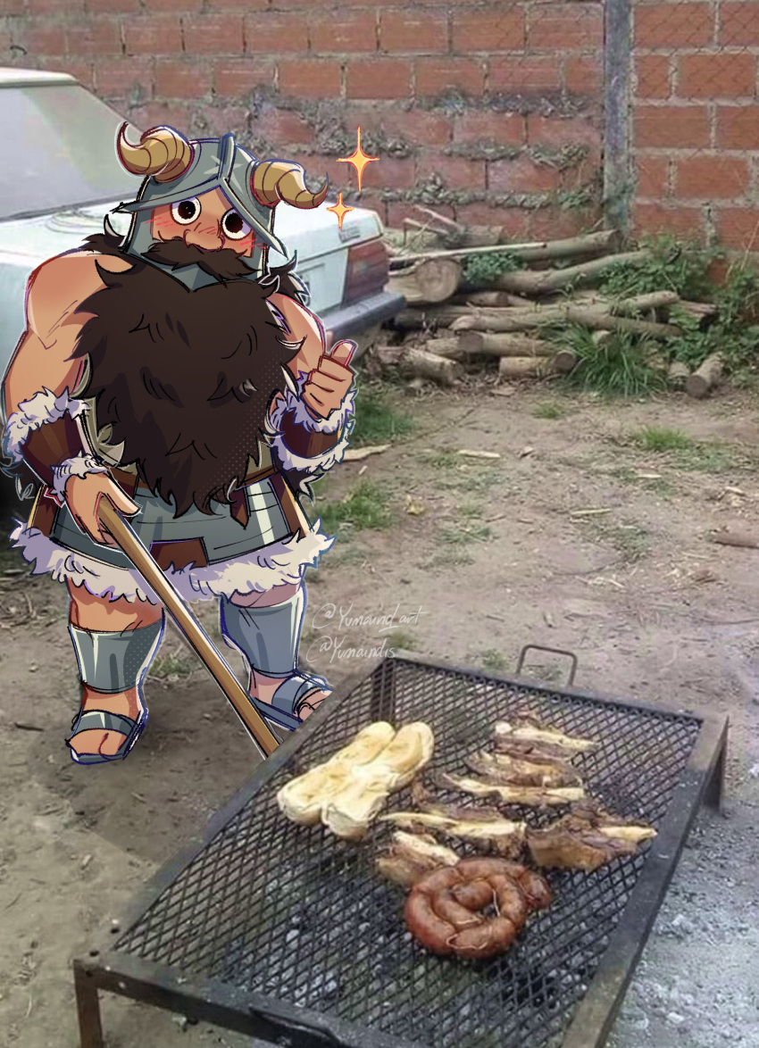 1boy beard blush cooking dark-skinned_male dark_skin dungeon_meshi dwarf facial_hair fake_horns food full_body grill grilling head_tilt helmet highres holding holding_tongs horned_helmet horns long_beard looking_at_viewer male_focus parody_request photo_background senshi_(dungeon_meshi) solo sparkle standing thick_mustache thumbs_up toned toned_male tongs very_long_beard yumaindis