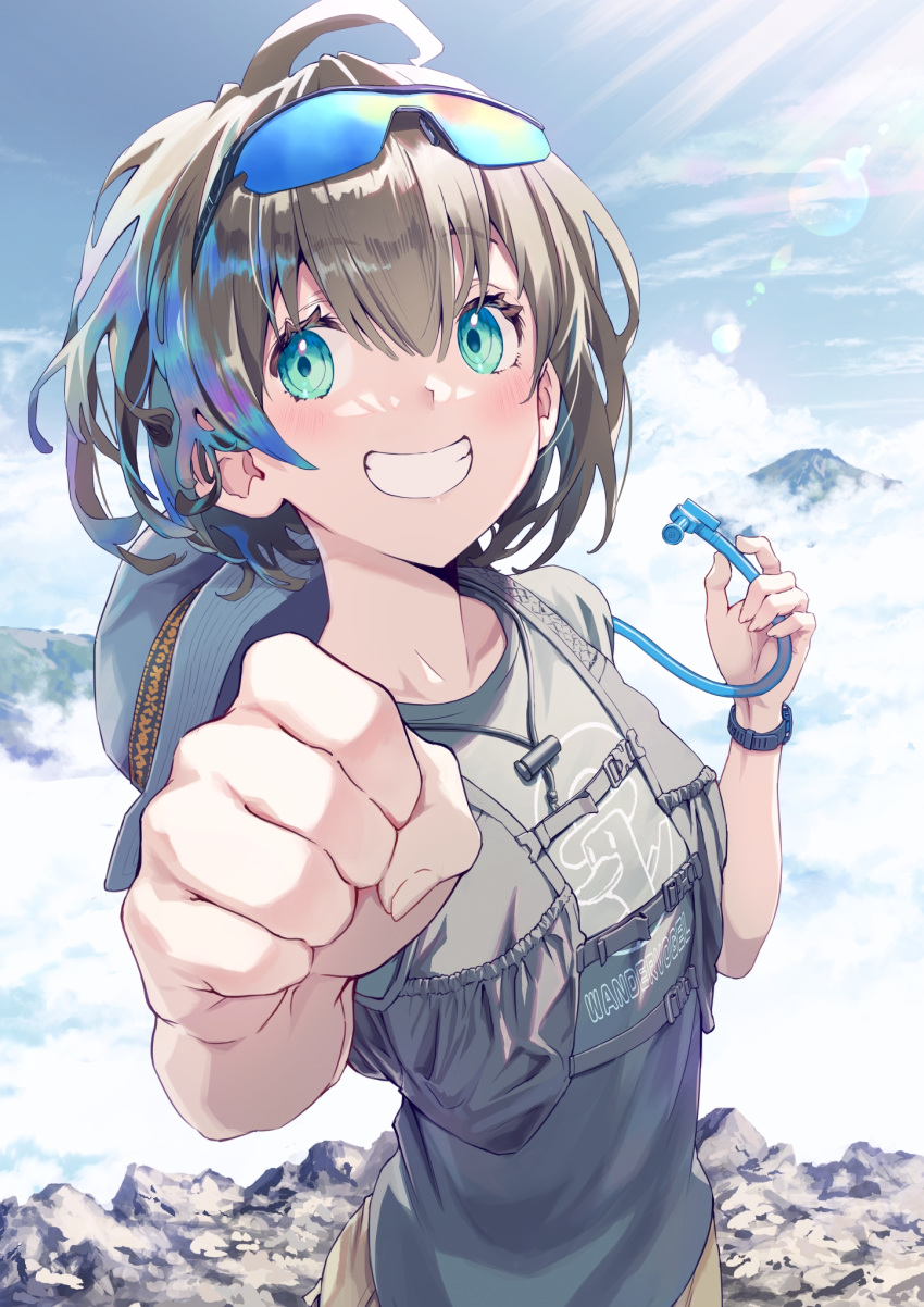 1girl ahoge aqua_eyes brown_hair cloud eyewear_on_head grin hat highres incoming_fist_bump lens_flare looking_at_viewer michinoku_(hiking_miusan18) mountain original outdoors scenery short_hair smile solo sunglasses sunlight unworn_hat unworn_headwear upper_body