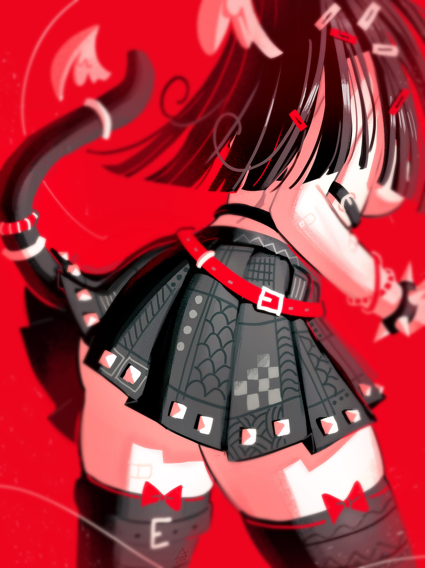 1girl andaerz belt black_hair blunt_ends bracelet breasts cat_girl cat_tail from_behind hair_ornament hairclip highres jewelry long_hair mini_wings original pleated_skirt red_background skirt solo spiked_bracelet spikes tail tail_ornament thighhighs topless wings