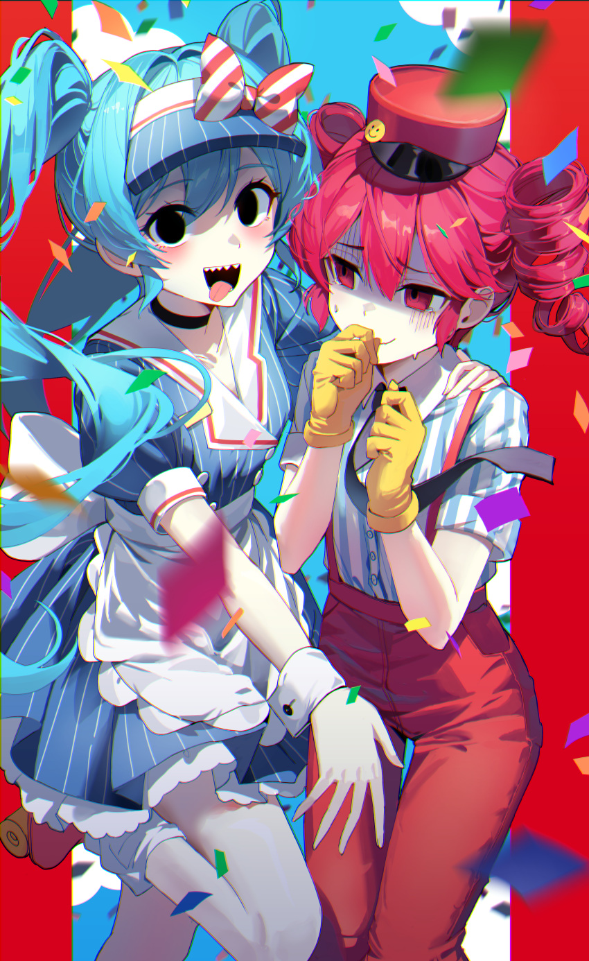 2girls absurdres apron black_eyes black_necktie blue_dress blue_hair blue_sky border commentary confetti dress drill_hair empty_eyes feet_out_of_frame gloves hatsune_miku highres hya_ro kasane_teto looking_at_another mesmerizer_(vocaloid) multiple_girls necktie open_mouth pants red_eyes red_hair red_pants roller_skates shaded_face sharp_teeth shirt skates sky smile socks striped_clothes striped_dress striped_shirt suspenders sweat teeth tongue twin_drills utau visor_cap vocaloid waist_apron white_apron white_socks white_wrist_cuffs wrist_cuffs yellow_gloves