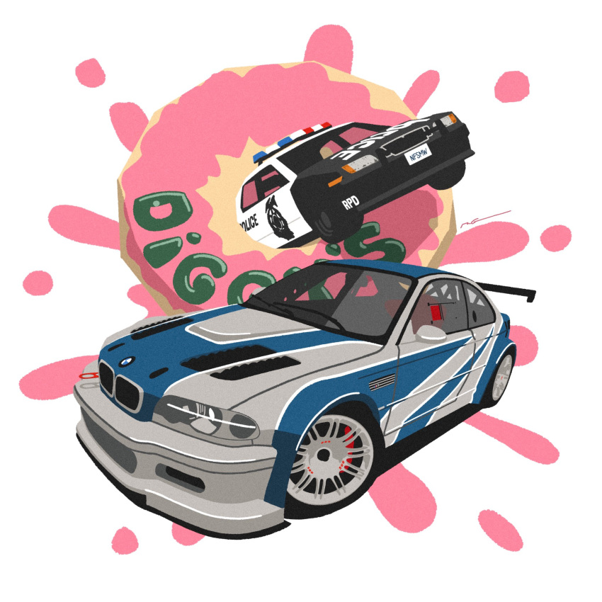 bmw_3_series bmw_e46 bmw_m3 car doughnut food highres motor_vehicle need_for_speed need_for_speed:_most_wanted_(2005) no_humans police_car shadow signature spoiler_(automobile) sports_car vehicle_focus wang-tang_(_lose_control)